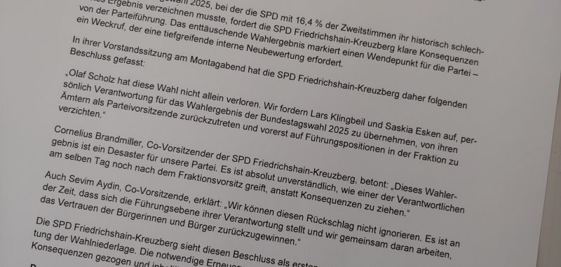 SPD Friedrichshain-Kreuzberg fordert Rücktritt von Parteivorsitzenden Esken und Klingbeil