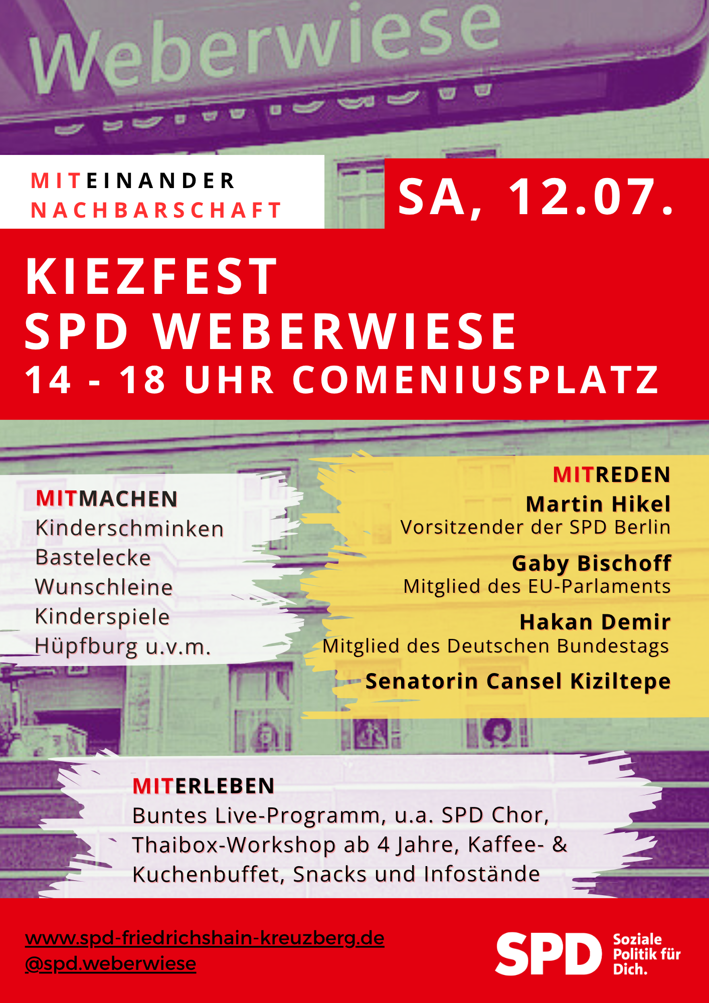 Ankündigungsplakat für das Kinderfest der SPD Weberwiese auf dem Comeniusplatz in Berlin Friedrichshain