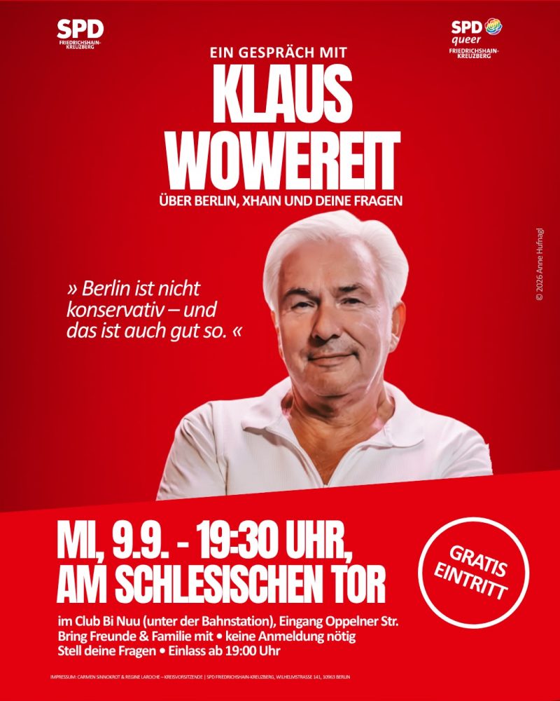 Veranstaltungsplakat für ein Gespräch mit Klaus Wowereit am 9. September 2026 am Schlesischen Tor